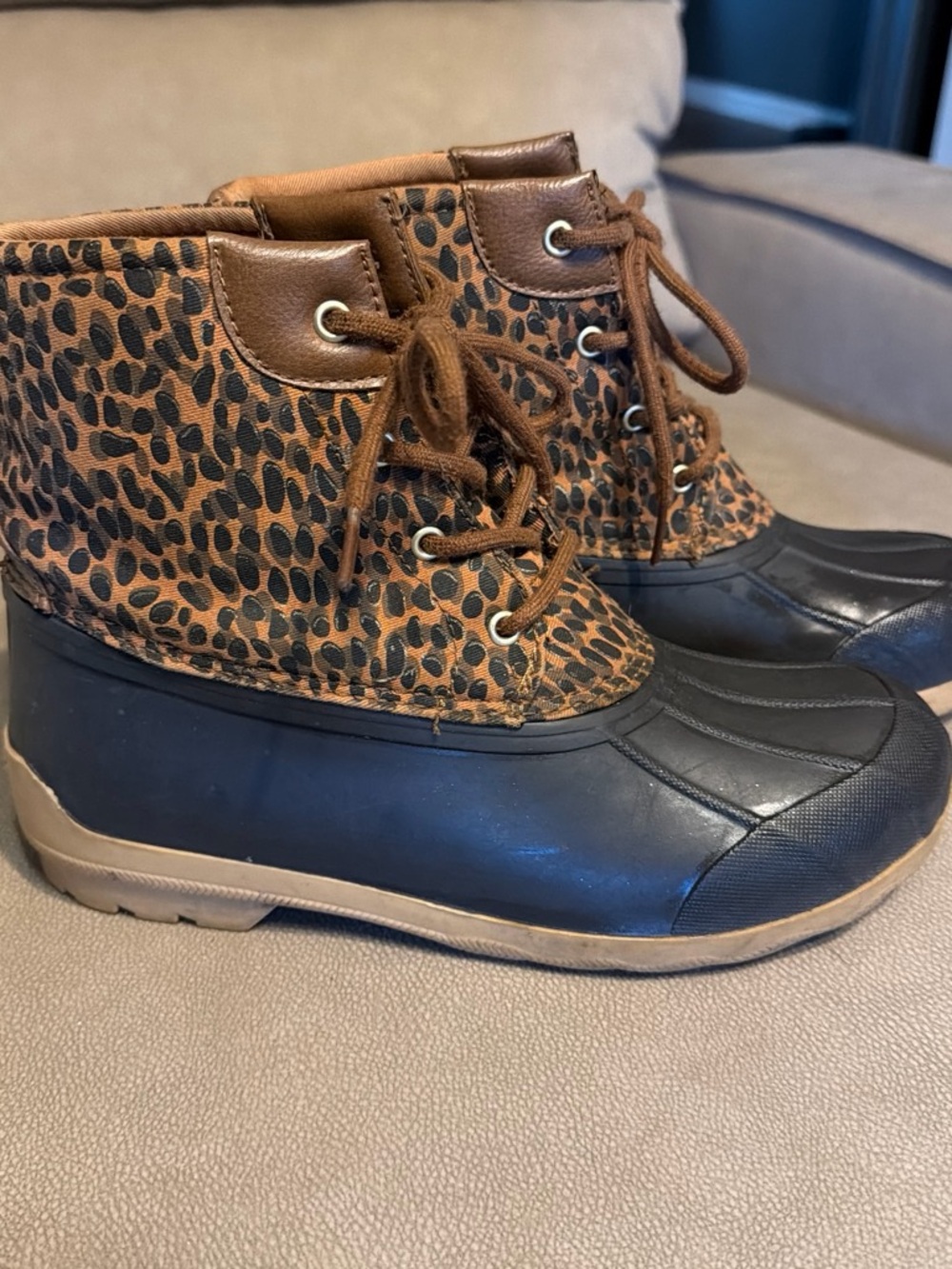 Sperry Leopard-Print Duck Boots in Brown and Black